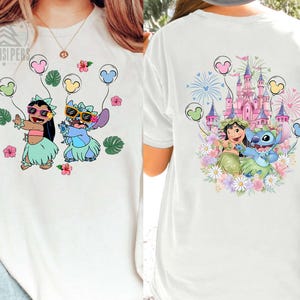 Stitch Castle Floral Shirt, Lilo And Stitch Tropical Tee, Hawaiian Flower Graphic, Magical Disneyland Trip Outfit, Family Vacation Apparel image 4