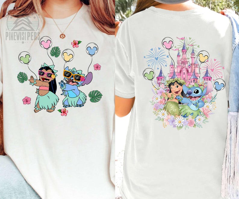 Stitch Castle Floral Shirt, Lilo And Stitch Tropical Tee, Hawaiian Flower Graphic, Magical Disneyland Trip Outfit, Family Vacation Apparel image 4