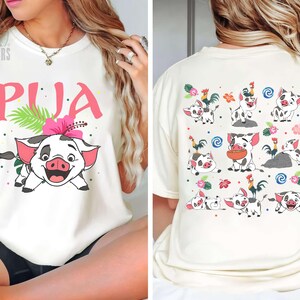 Camiseta de Pua y Hei Hei de dos caras, camiseta de vacaciones familiares de Disney, ropa de Moana Pig Gallo, sudadera de viaje a Disneyland, camiseta de lindo animal marino imagen 1