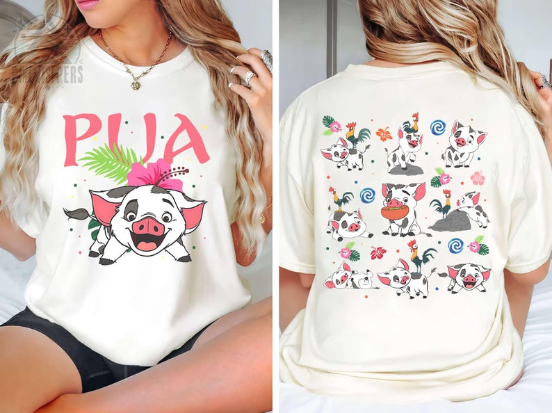 Camiseta de Pua y Hei Hei de dos caras, camiseta de vacaciones familiares de Disney, ropa de Moana Pig Gallo, sudadera de viaje a Disneyland, camiseta de lindo animal marino imagen 1