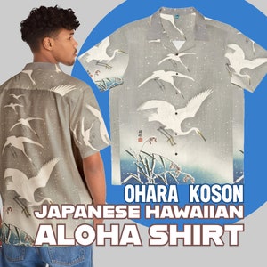 Men's Japanese Hawaiian Aloha Shirt  Ukiyo-e Ohara Koson Shoson Five Egrets Descending in Snow Gift for Art Lover Birds Summer Fashion