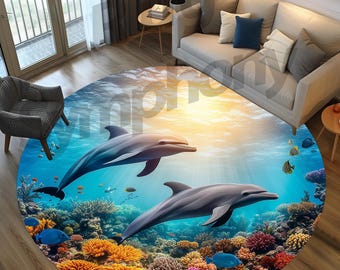 Alfombra redonda 3D con diseño de delfines y vida marina.