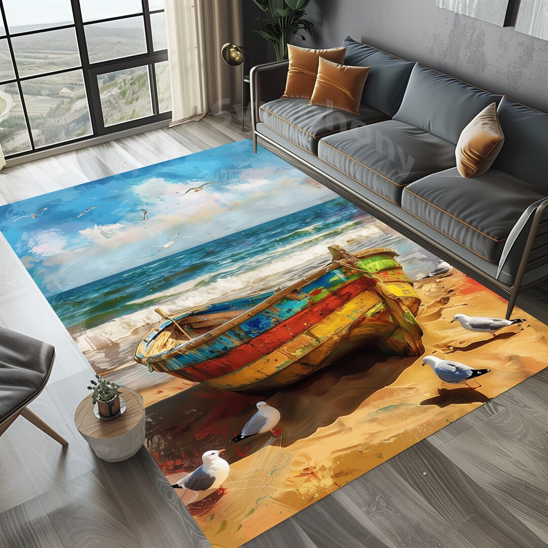 Loop Rag Rug Sea Colorful Wooden Boat Seagulls Rug, Seagull Rug, Boat Rug, Beach Rug ...