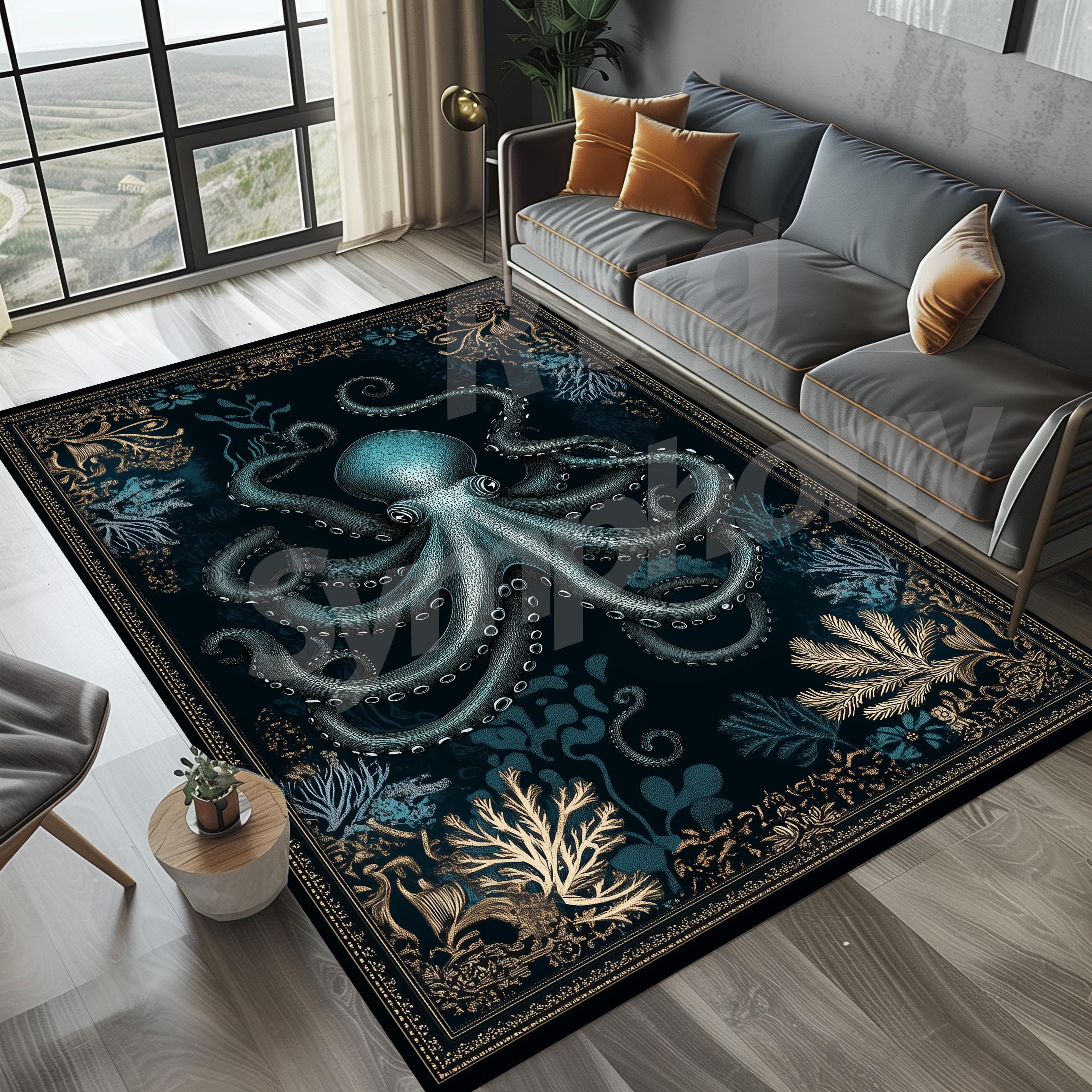Tapis pieuvre récif de corail, tapis pieuvre rustique, tapis pieuvre traditionnel, tapis pieuvre coloré, tapis pieuvre, tapis pieuvre, tapis récif de corail
