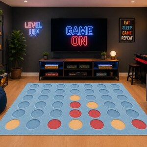 May include: A game room featuring a large blue rug with a Connect Four design. The room has a large TV with "GAME ON" in neon lights, and "LEVEL UP" in neon. Board games are on shelves, and a beanbag chair is in the corner.