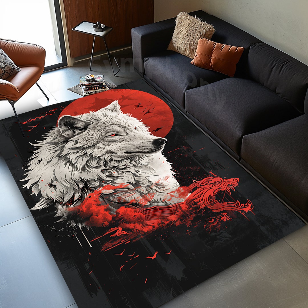 White Wolf Rug, Wolf Area Rug, Wolf Rug, Japanese Wolf Art Rug ...