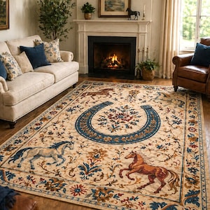 May include: A beige area rug with a horseshoe and horse design. The rug features a central horseshoe motif in blue, surrounded by floral patterns and images of horses in shades of brown and gray. The rug is placed in a living room setting.