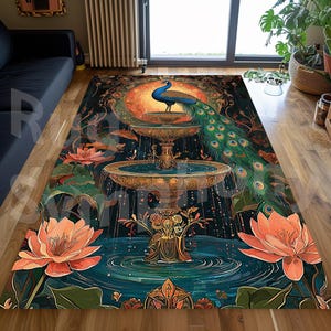 Art Nouveau Peacock Rug, Rustic Peacock Rug, Teal Color Peacock Rug, Oriental Look Peacock Area Rug, Peacock Rug, Peacock Patterned Rug