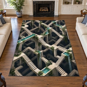 May include: A rectangular area rug featuring a complex, three-dimensional architectural print of interconnected stone staircases, deep dark voids, cascading turquoise water features, and lush green climbing vines throughout the entire design.