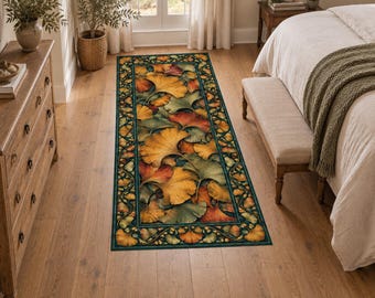 Ginkgo Decor Rug, Autumn Art Rug, Golden Botanical Rug, Teal Nature Rug, Vintage Leaf Rug, Farmhouse Hallway Rug