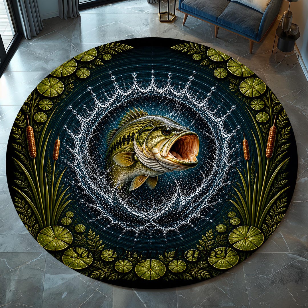Round Bass Fishing Rug, Largemouth Bass Lake Life, Outdoor Cabin Decor ...