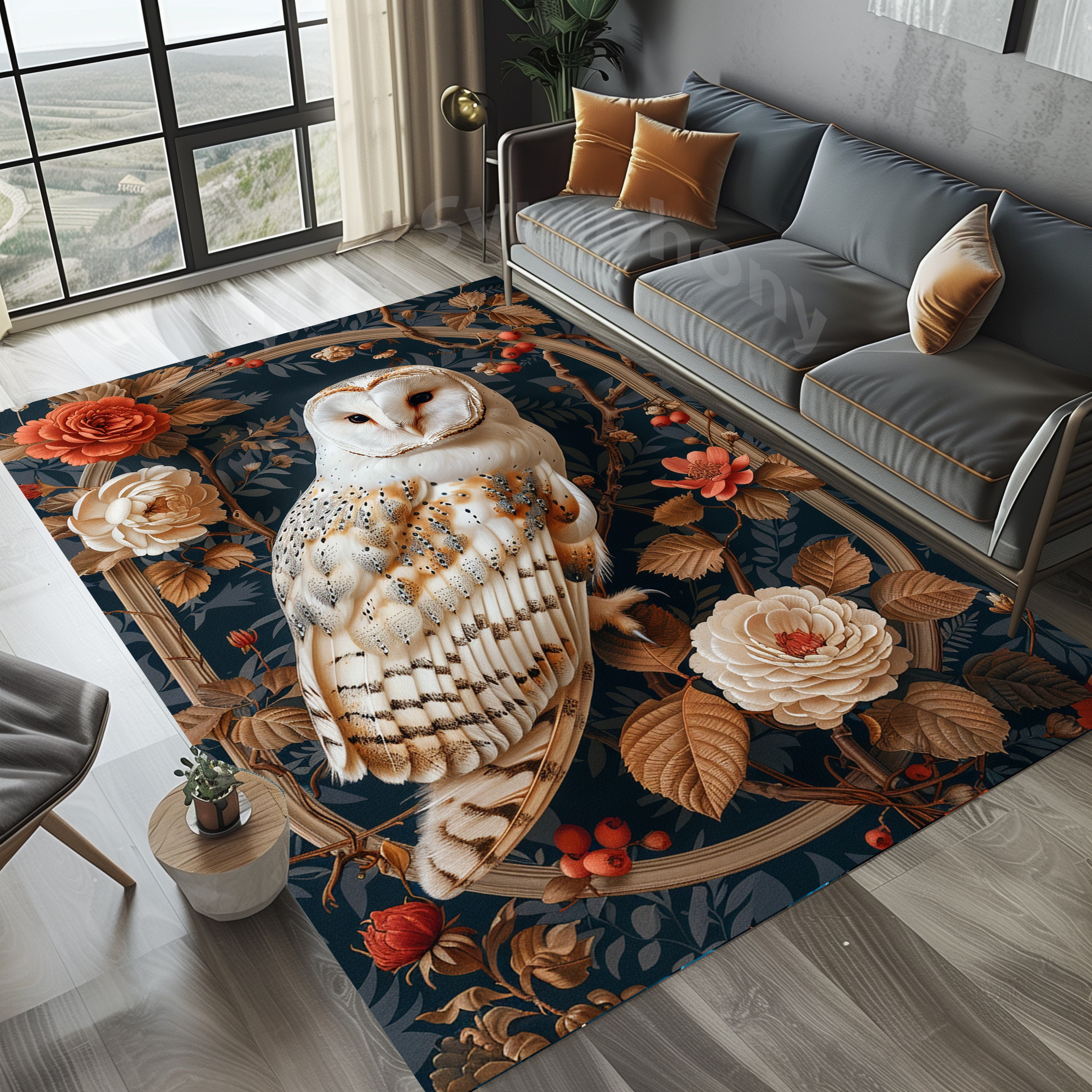 Floral Owl Rug: Traditional Painting Style, Rustic Garden Decor