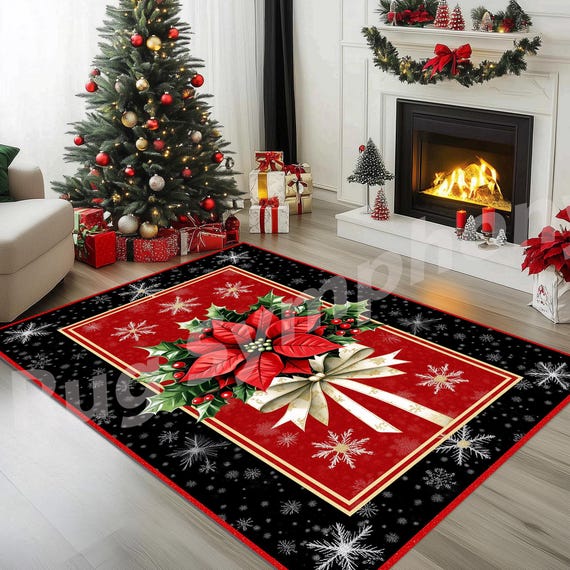 Poinsettia Christmas Area Rug, Traditional Holiday Decor - Etsy