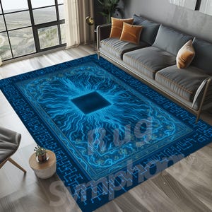 May include: A blue and black area rug with a circuit board design. The rug features a detailed pattern of blue lines and a central square. The rug is on a wooden floor in a living room with a grey sofa.