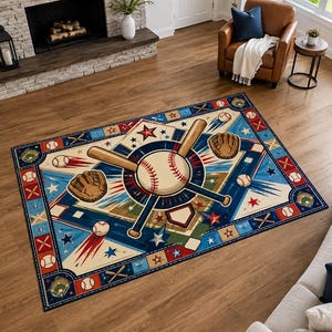 Peut inclure: Un tapis rectangulaire sur le thème du baseball avec un motif central composé d'une balle de baseball et de deux battes croisées. Le design inclut des gants de baseball, des balles et des étoiles dans des tons bleu, rouge et crème.