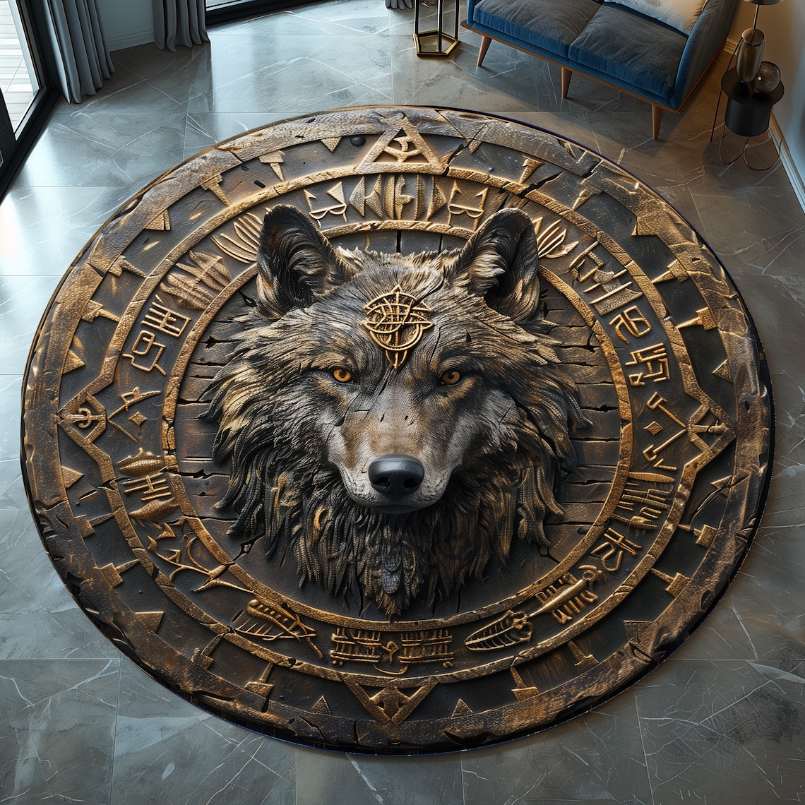 3D Look Round Wolf Rug, Wolf Pattern Rug, Round Viking Rug, Round Norse ...