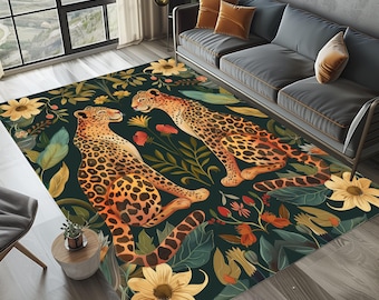 Leopard Floral Rug, Dark Green Botanical Animal Print, Art Deco