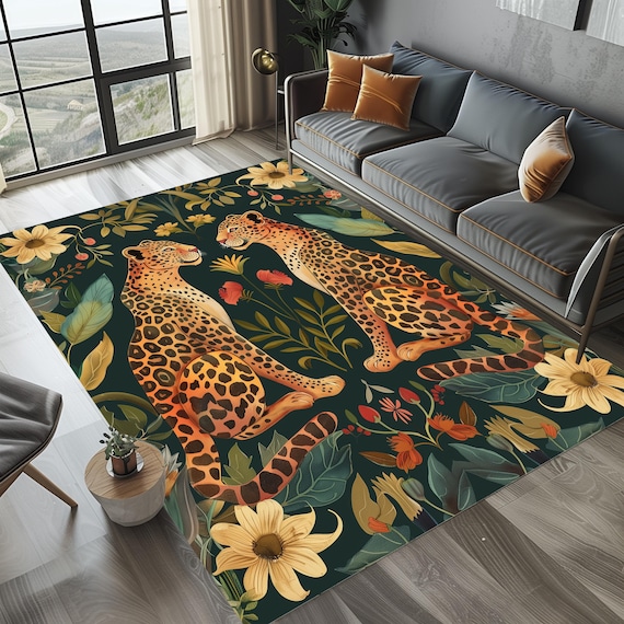Leopard Floral Rug, Dark Green Botanical Animal Print, Art Deco