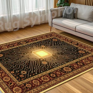 May include: A rectangular rug with a black central design resembling a circuit board, with a glowing yellow square. The rug has a floral border in red, brown, and gold. It is placed on a wooden floor.