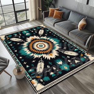 Aztec Pattern Rug, Feather Tribal Rug, Native Spirit Rug, Western Style Rug, Boho Arrow Rug, Ethnic Rug, Heritage Symbol Rug,Nomadic Art Rug
