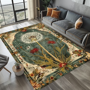 Rustic Dandelion Rug, Traditional Dandelion Rug, Teal Dandelion Rug, Dandelion Rug, Dandelion Area Rug, Flower Rug, Dandelion Flowers Rug