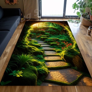 May include: A stone pathway leads through a lush green forest with mossy rocks and red flowers. Sunlight shines through the trees, creating a magical atmosphere.