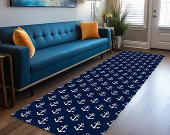 Navy Blue Runner, Blue Color Anchor Runner, Anchor Pattern Rug,  Nautical Runner Rug, Nautical Rug, Anchor Art Rug, Navy Runner