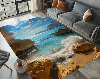 Beach Area Rug, Blue Tropical Beach Sea Rug, Beach Rug, Blue Beach Rug, Sea Rug, Sea Area Rug, Ocean Rug, Clear Sea Rug