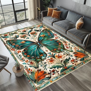 Rustic Butterfly Rug, Colorful Butterfly Rug, Butterfly Rug, Butterfly Pattern Rug, Butterfly and Flowers Rug, Butterfly Garden Rug