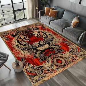 Alfombra con tarjeta de tigre, alfombra con tarjeta de adivinación, alfombra vudú con tigre, alfombra oriental con tigre, alfombra rústica con tigre, alfombra con área con tigre, alfombra con tigre y flores