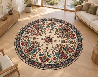 Persian Floral Rug, Paisley Round Rug, Oriental Round Rug, Traditional Rug, Floral Area Rug, Bohemian Rug, Vintage Style Rug