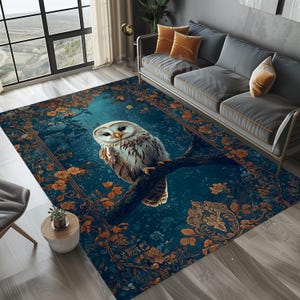 Teal Owl Rug: Rustic Floral Garden Art