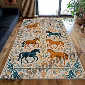 Traditional Horse Rug, Decorative Horse Rug, Wild Horse Area Rug, Wild Horse Rug, Rustic Horse Rug, Horse Pattern Rug, Boho Horse Rug