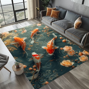 Teal Koi Fish and Flowers Rug, Abstract Japanese Pattern Rug, Koi Fish Rug, Koi Fish Pattern Rug, Water Lilies Rug, Koi Fish Area Rug