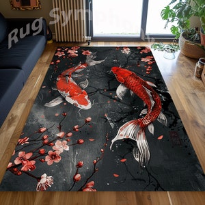 Koi Fish and Cherry Blossom Rug, Abstract Japanese Pattern Rug, Koi Fish Rug, Koi Fish Pattern Rug, Cherry Blossom Rug, Koi Fish Area Rug