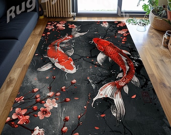 Koi Fish and Cherry Blossom Rug, Abstract Japanese Pattern