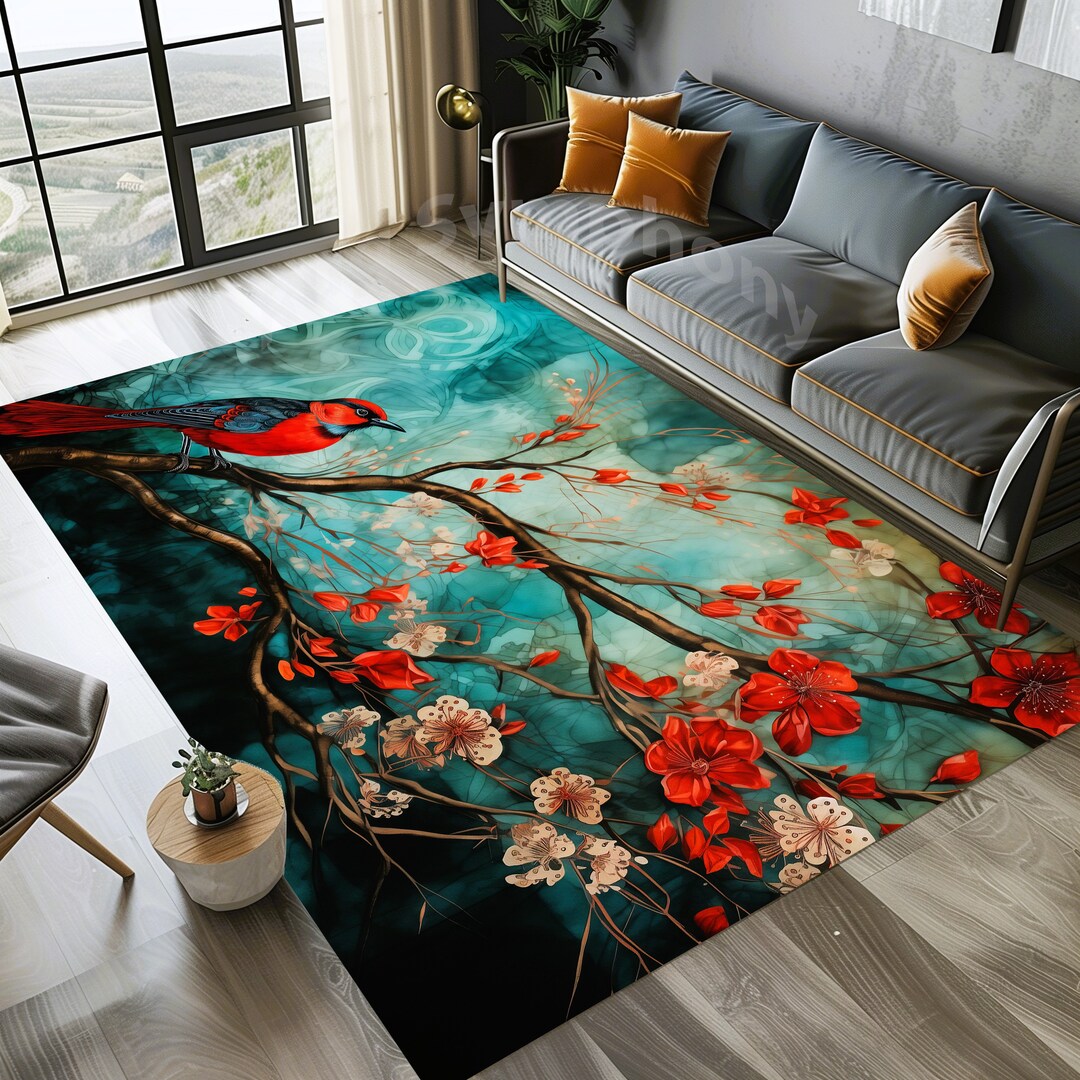Painting Style Bird Rug, Bird and Flowers Rug, Bird Area Rug, Spring ...