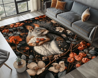 Eichhörnchen und Blumen Teppich im rustikalen Cottagecore Stil