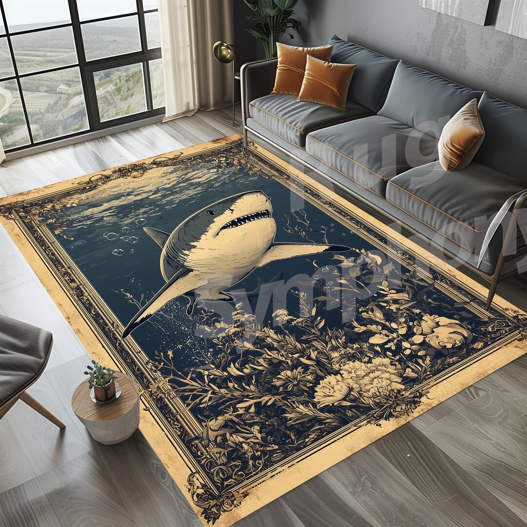 Shark Poster Rug, Oriental Shark Rug, Scary Shark Area Rug, Shark Rug ...