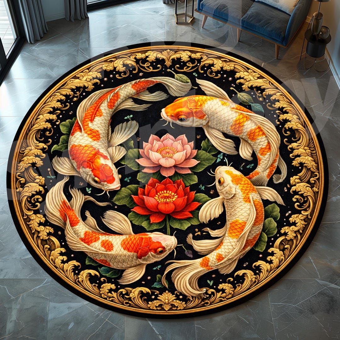 Red Koi Rug Koi Fish Round Rug, Lotus Flower, Japanese Zen Decor - Etsy