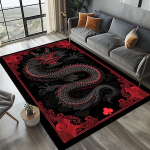 Schwarz-roter Drachenteppich, Fantasy-Drachenteppich, Chinesischer Roter Drachenteppich, Drachenmuster, Teppich, Drachenmuster, Teppich