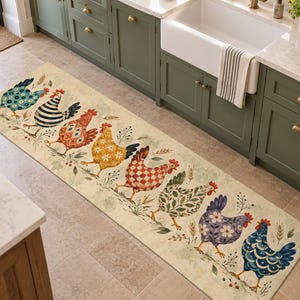 May include: A long rectangular kitchen runner rug featuring a cream-colored background with a repeating pattern of seven chickens. Each chicken displays a unique design, including floral, striped, and checkered motifs in blue, red, yellow, and green.