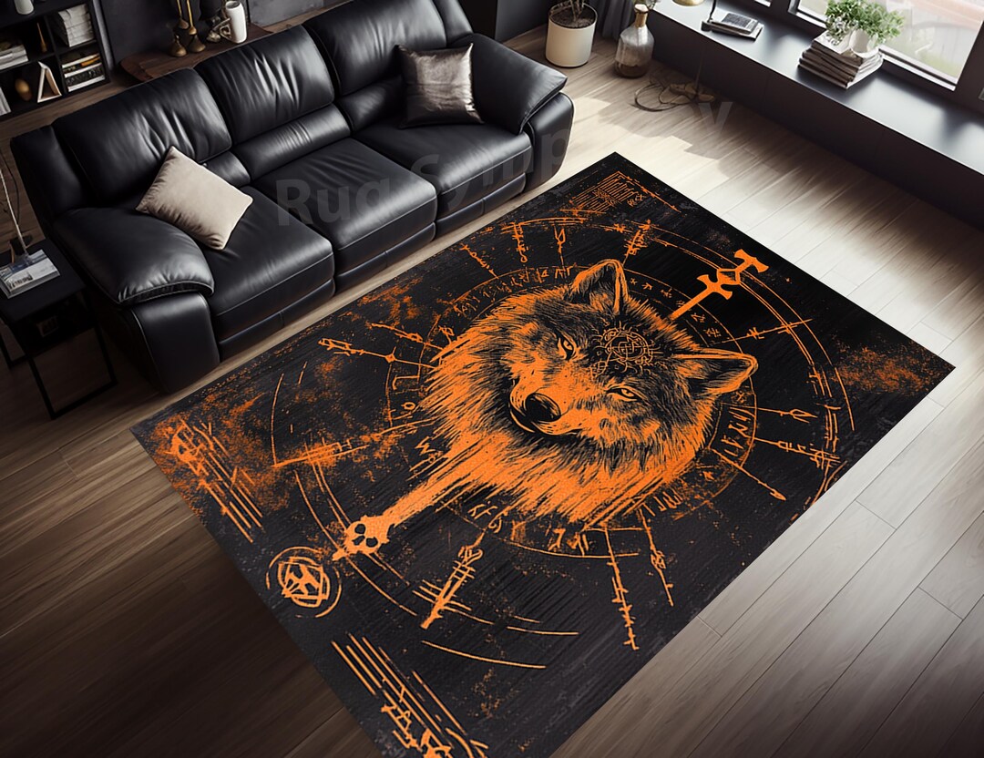 Norse God Rug, Fenrir Area Rug, Fenrir Wolf Vegvisir Rug, Demonic Magic ...