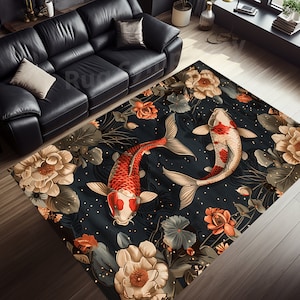 Abstract Japanese Pattern Rug, Koi Fish Rug, Rustic Koi Fish and Roses Rug, Koi Fish Pattern Rug, Pond Fish Rug, Koi Fish Area Rug