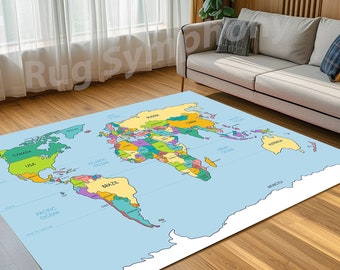 May include: A rectangular area rug featuring a colorful world map design. The rug has a light blue background with continents in various colors, including green, yellow, and purple. The rug is placed on a wooden floor, near a sofa and a window.