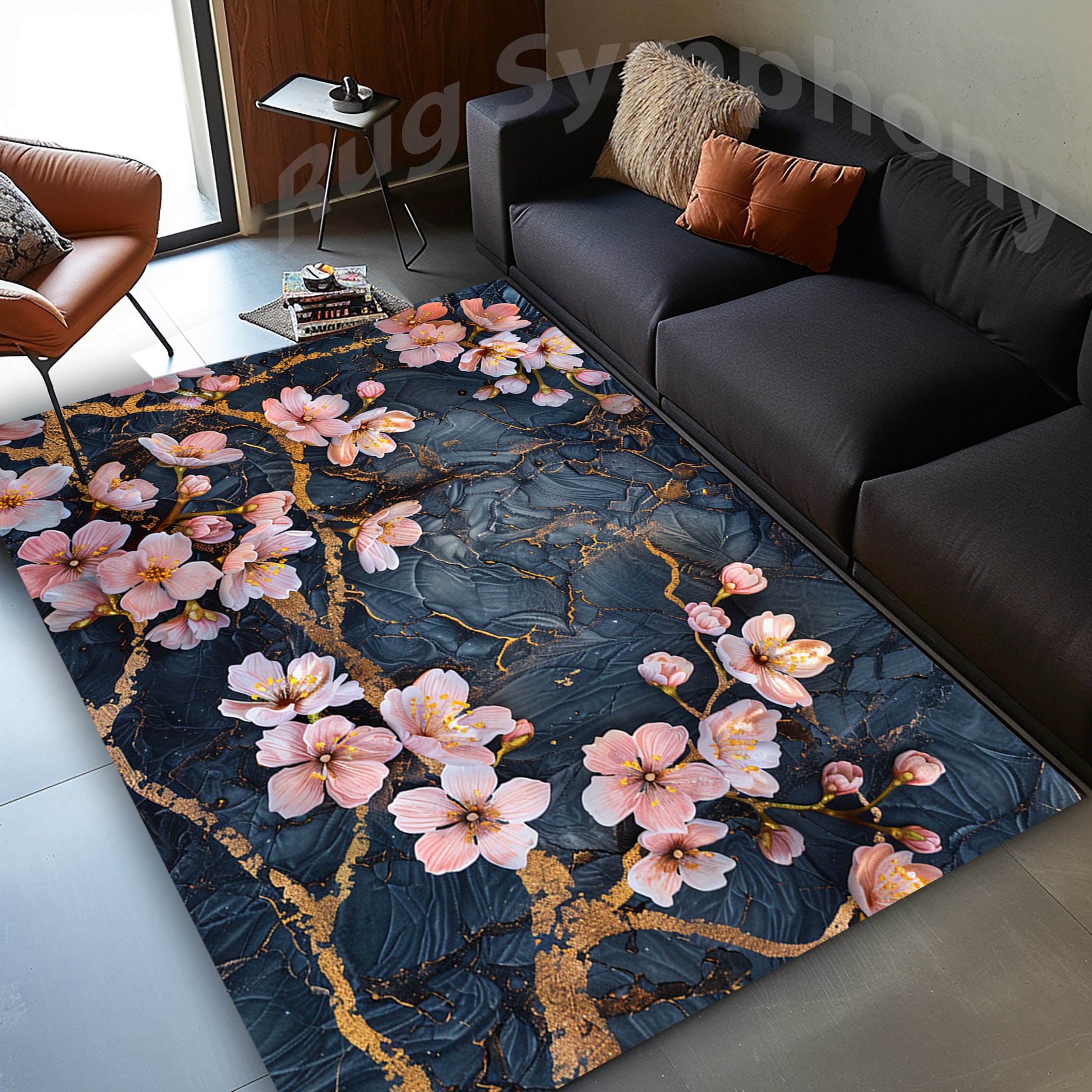 Teal Marble Floral Area Rug: Blossoms Pattern - Etsy