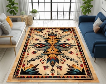 Aztec Pattern Area Rug, Traditional Aztec Rug, Painting Style Aztec Rug, Rustic Aztec Rug, Colorful Aztec Rug, Aztec Rug