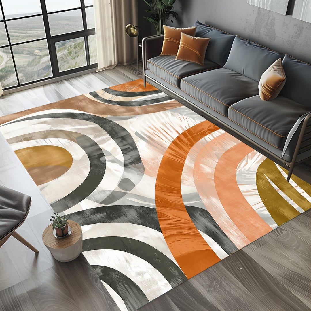 Cog Pattern Rug Abstract Circle Rug, Modern Geometric, Retro Orange Accent, Mid Century ...