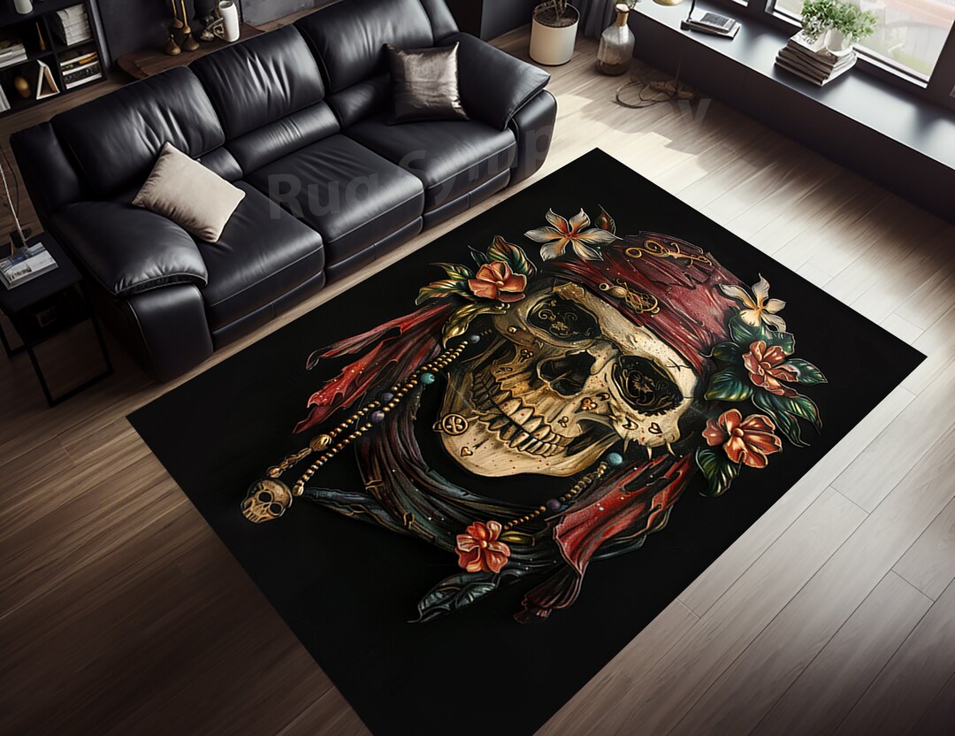 Caribbean Stylized Skull Rug, Pirate Rug, Pirate Skull Rug, Skull Rug ...
