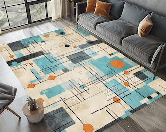 May include: Abstract geometric rug with a cream background, blue and black lines, and orange circles. The rug has a modern design and would be a great addition to any living room or bedroom.